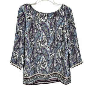 J. Jill Adara Purple Paisley 3/4 Sleeve Faux Wrap Back Popover Top Blouse Sz XL
